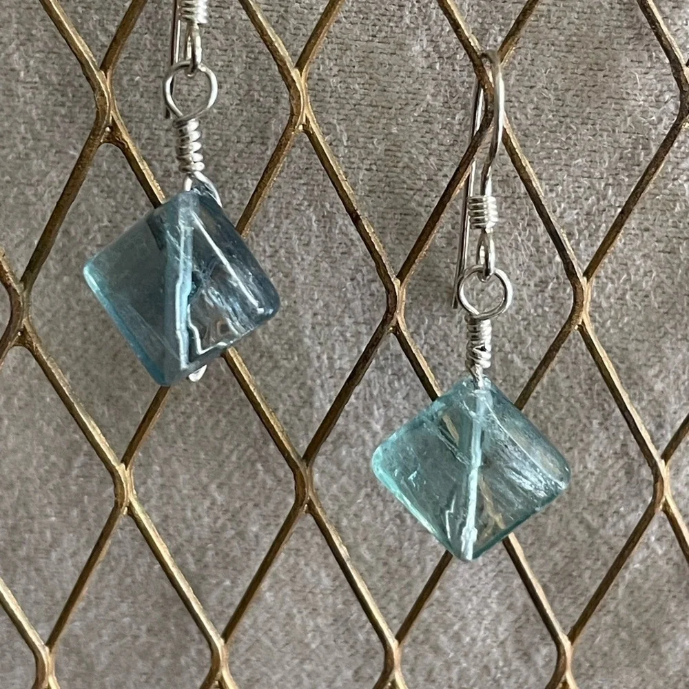 Natural Fluorite Sterling Silver Wire Wrapped Earrings Handmade Gemstone Dangles
